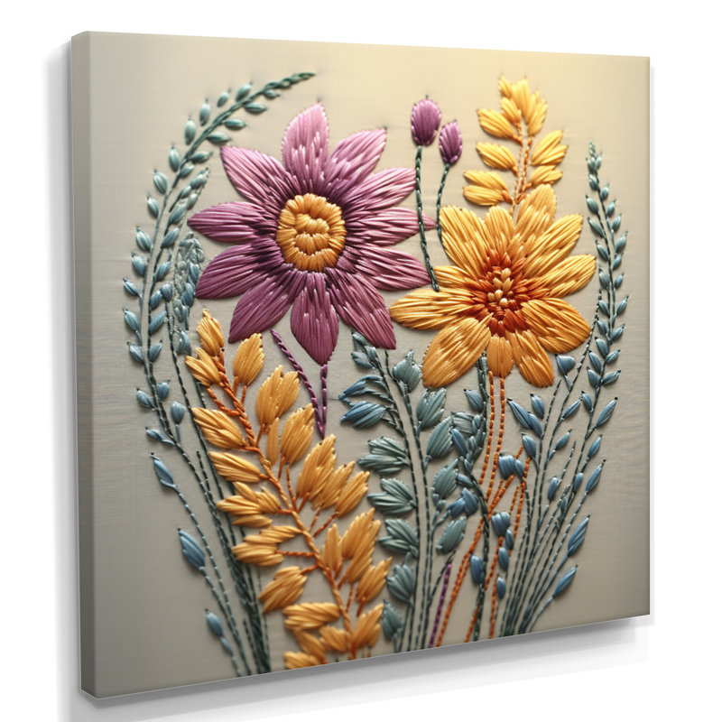 «Pastel Spring Flower Emb broderie I» - impression d'art mural fleurs sauvages, Toile tendue, H 30 po x l 30 po x P 1 po