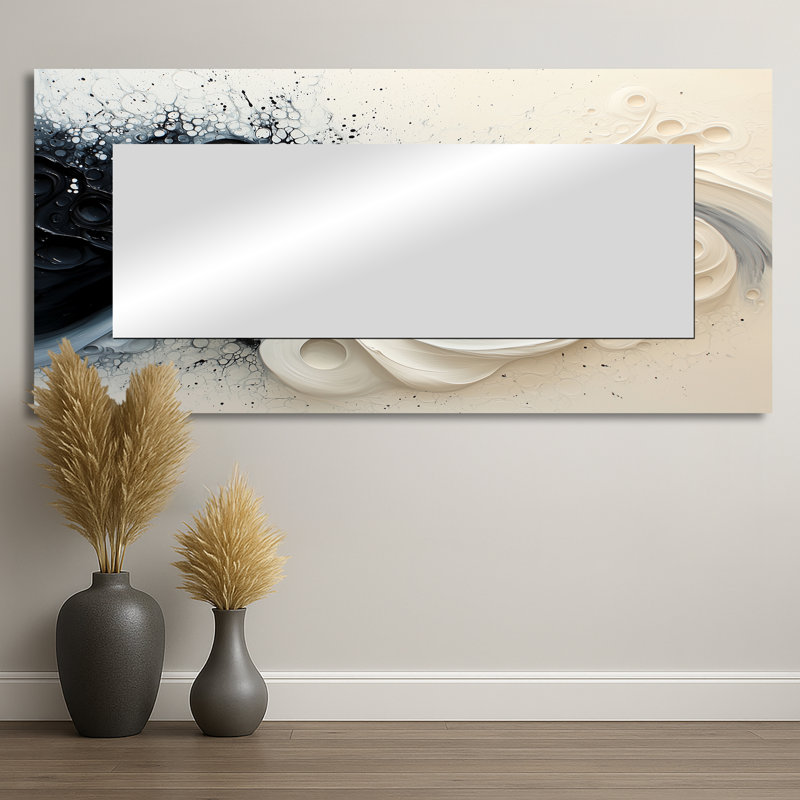 Noir et blanc spirale encre rythmique rivière II - miroir mural peinture goutte à goutte - imprimé sur métal, 28 po x 60 po
