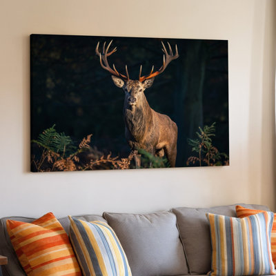 Canvas A Majestic Stag Stands Confidently In A Dimly Lit Forest Wall Art Surrounded By A Rich Tapestry Of Deep Greens And Muted Canvas Wall Art