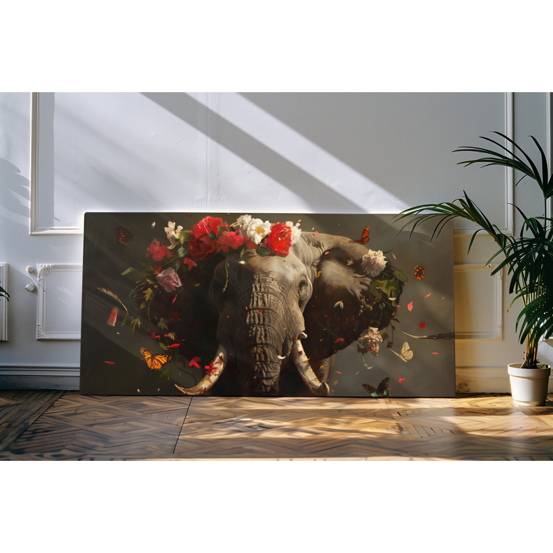 Wandbild 120x60cm Elefant Schmetterlinge Blumen Kunstwerk Rot