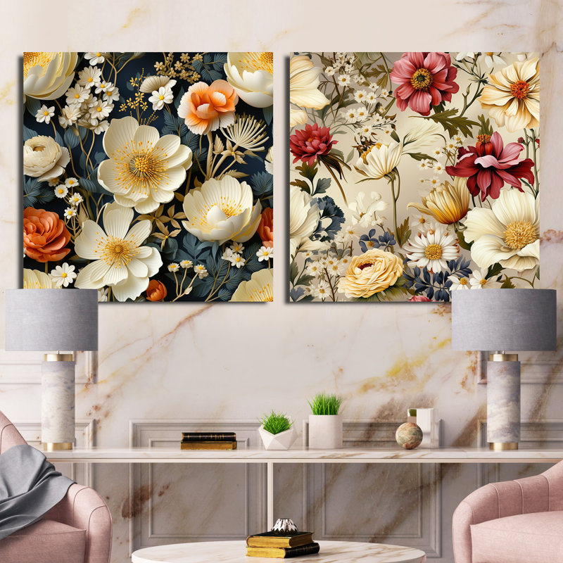 Pfarr - Ensemble de 2 collages floraux carrés, H 16 po x l 33 po, Toile tendue