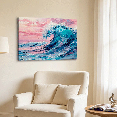 Wallume Store Abstract Ocean Wave Canvas Wall Art, Blue Pink Sea Wave Painting Modern Coastal Home Decor