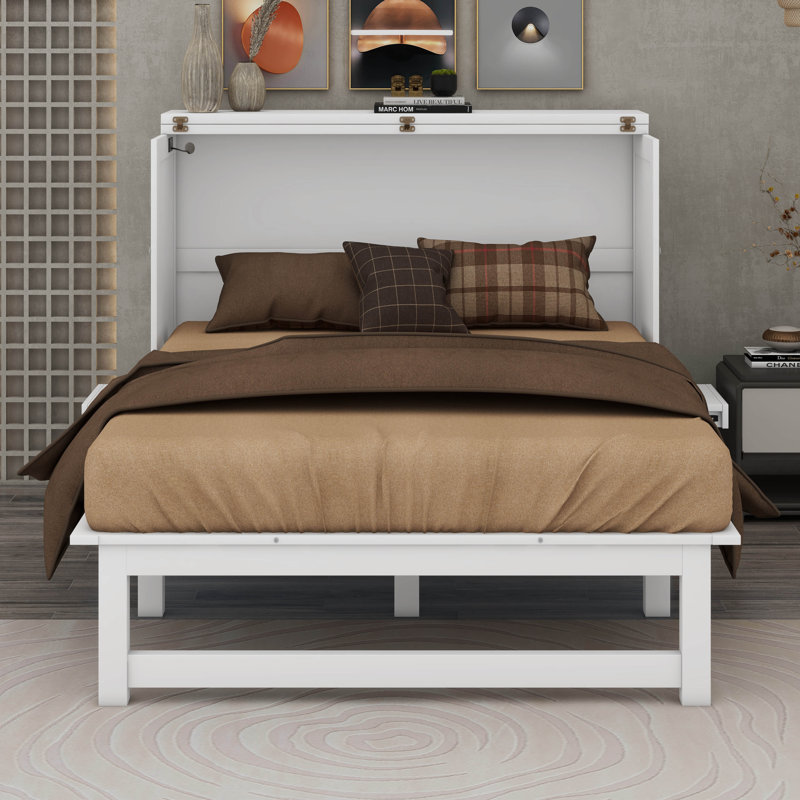 Lit escamotable Taghrid avec port USB et tablettes amovibles de chaque côté, Double, Blanc