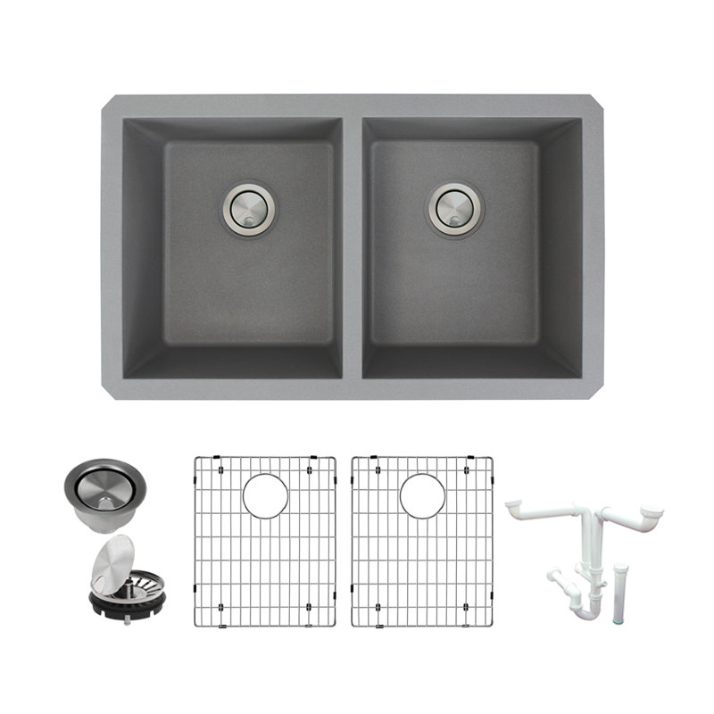 Radius 31.75'' L Double Bowl Granite Kitchen Sink, Gray
