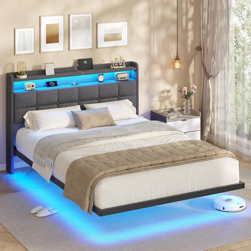 Floating Bed Frame 135×190CM /150×200CM with LED Lights & Charging Station, Metal Platform Bed frame with Upholstered Headboard, Easy Assembly,Noise Free,No Box Spring Needed,Dark Gray Linen