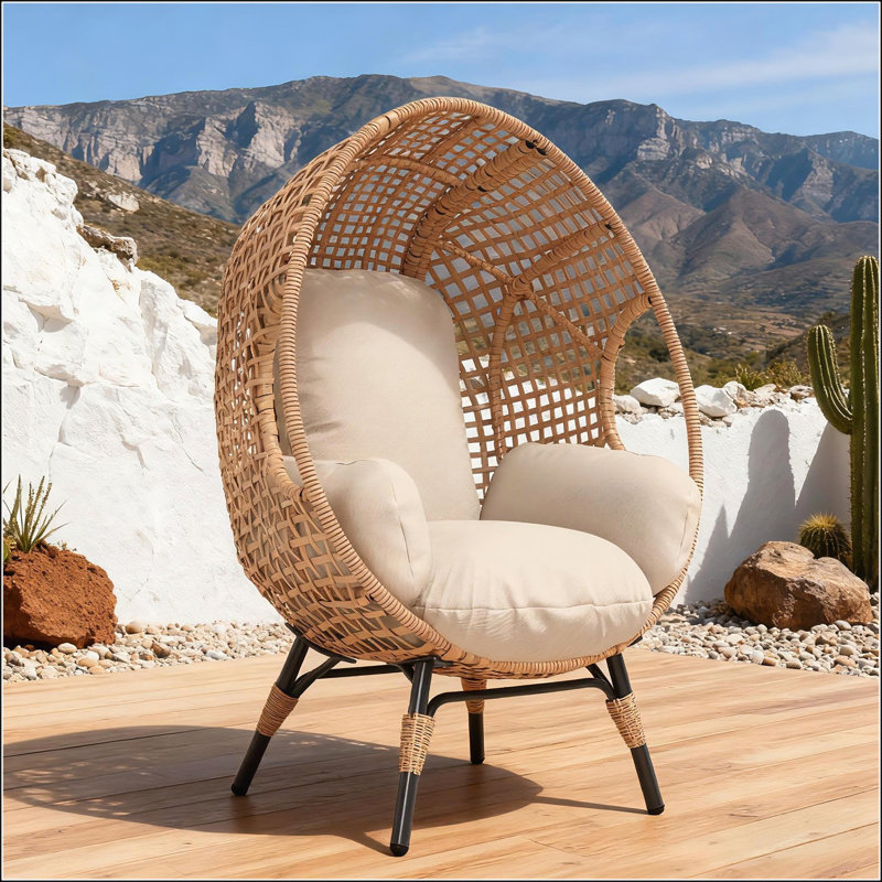 Élégant fauteuil à œufs suspendu à dossier arqué avec coussin de 8 pouces, rotin en PE résistant aux intempéries pour une utilisation intérieure et extérieure