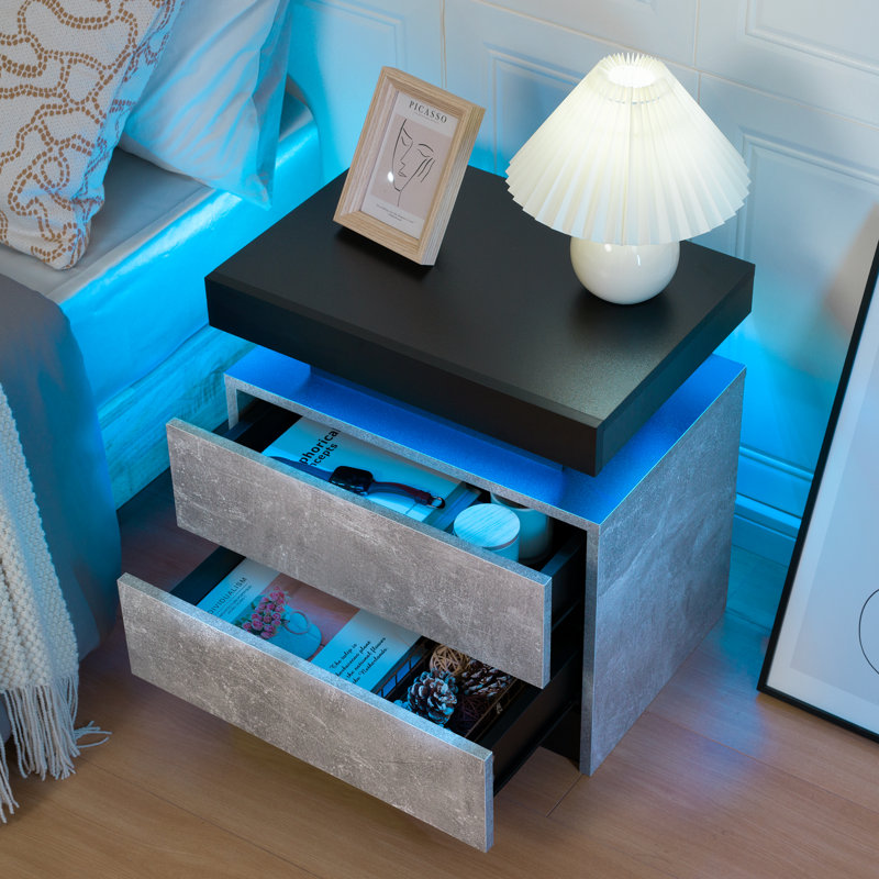 Ensemble de 2 tables de chevet DEL avec 2 tiroirs pour chambre à coucher, Noir / béton gris, Ensemble de 2