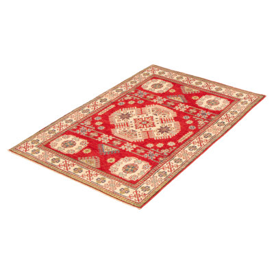 Tapis rouge / jaune en laine noué à la main de conception unique 4 pi x 5 pi 11 po Monai