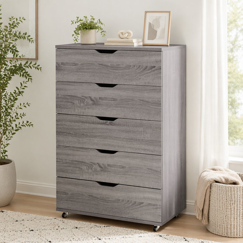 Commode mobile à 5 tiroirs avec roulettes, Gris