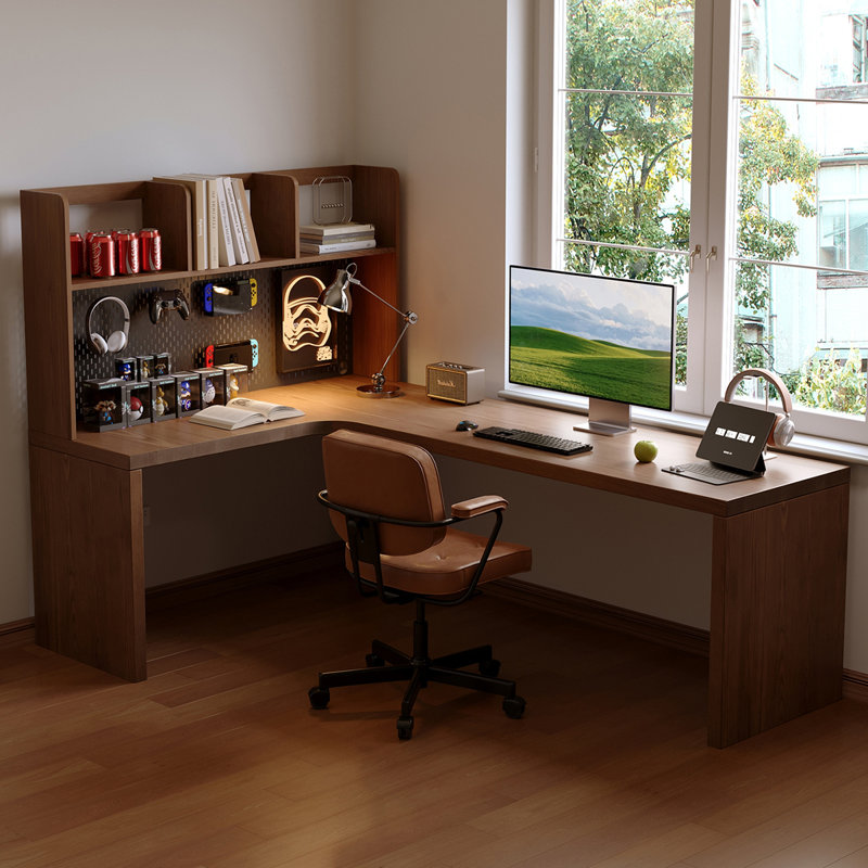 Nut-brown L-Shaped Solid Wood writing desk, 61.02" H x 62.99" W x 47.24" D, Left Hand Return