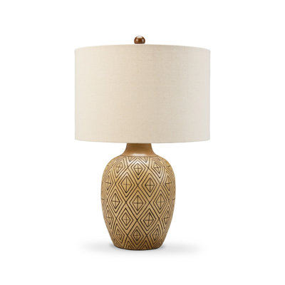 Gee 23 Inch Table Lamp Set Of 2, Ivory Drum Shade, Tan Geometric Pot Base