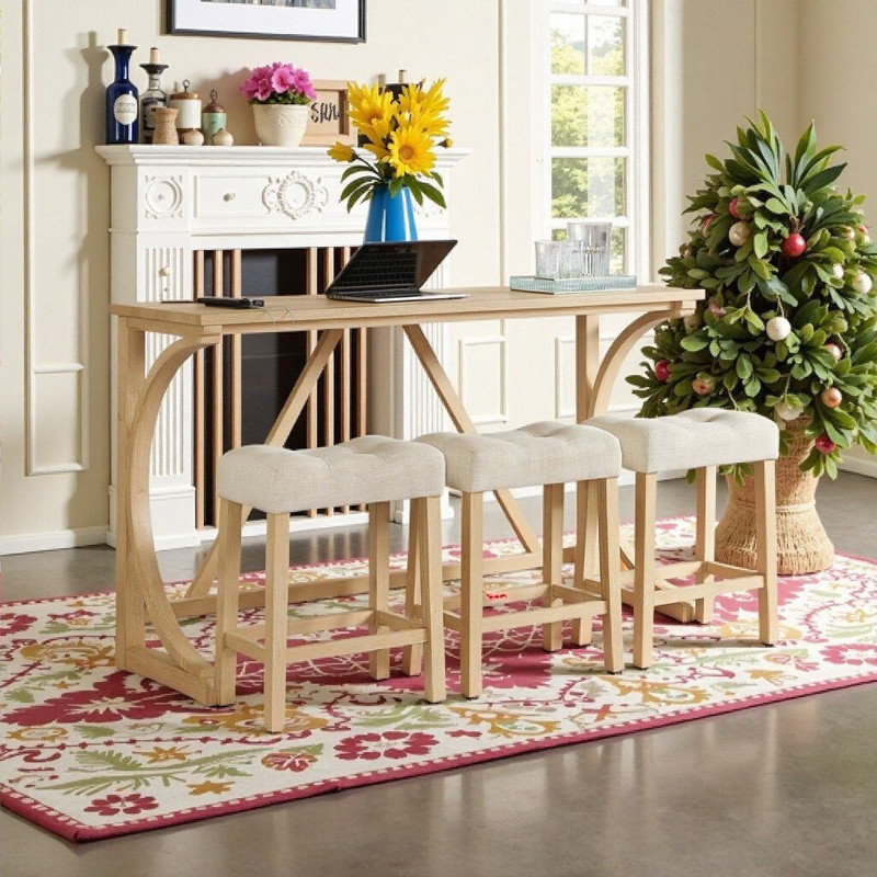 Ensemble de table de bar multi-usages 59 pouces avec prise de courant et 3 tabourets avec structure en bois massif
