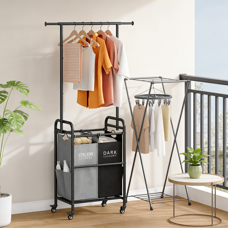 Laundry Sorter With Hanging Bar And Removable Bags, 2-Section Rolling Hamper With Lockable Wheels, Heavy-Duty Metal Frame For Sturdy Storage