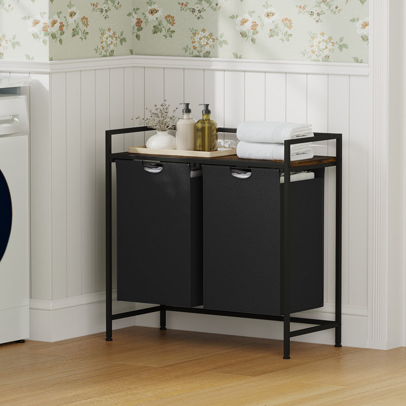 Table à linge avec panier à linge avec 2 paniers amovibles en tissu, station de tri industrielle avec plateau en bois, armoire à linge pour salle de bain, buanderie