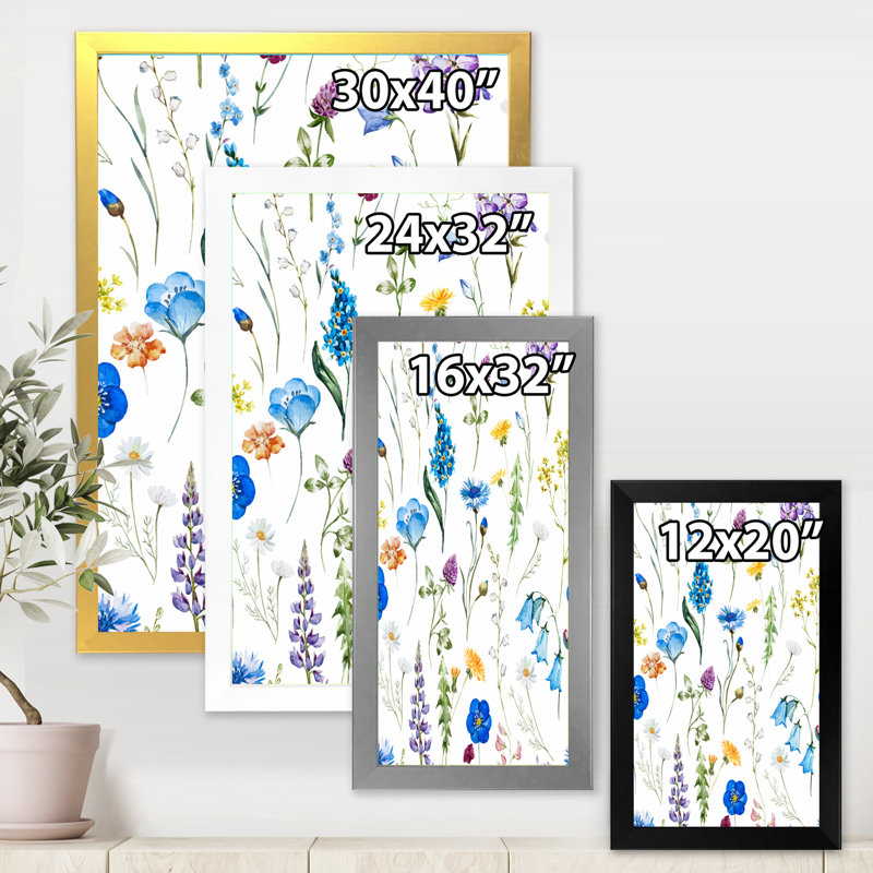 Fleurs bleues sauvages - Peinture sur toile, Toile encadrée noire, H 32 po x l 16 po x P 1,5 po