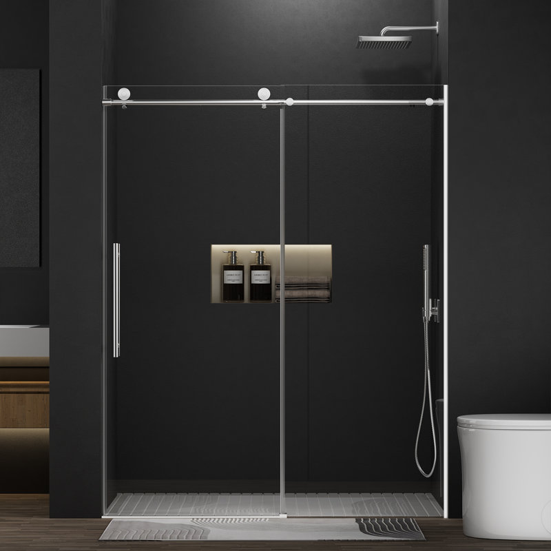 Porte de douche coulissante simple sans cadre de 56 à 60 po x H 75 po avec verre trempé transparent de 5/16 po (8 mm)
