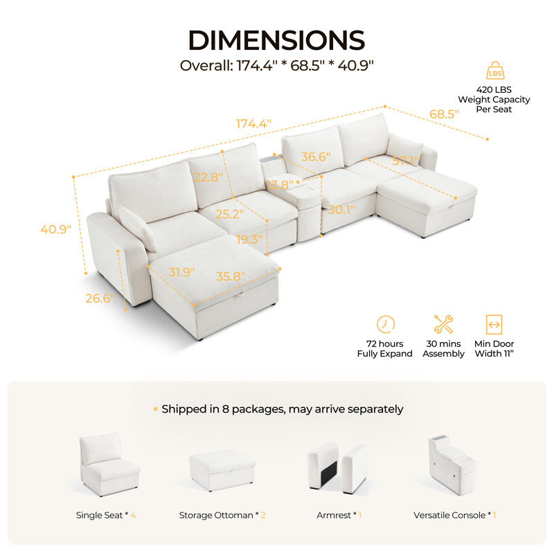 U-shaped 6-seater Sectional Couch Chenille Oversized Modular Sofa Cloud Couch With Versatile Console, Convertible Side Table Charging Storage Cup Holder