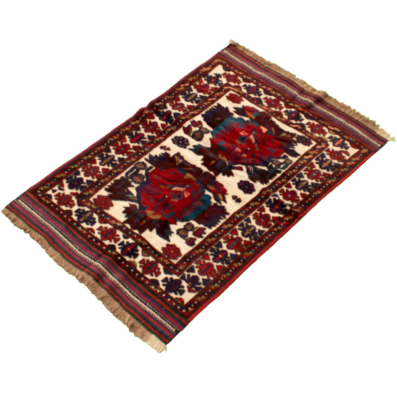Tapis rouge / beige en laine noué à la main de conception unique 3 pi 10 po x 6 pi New Age Gwennetta