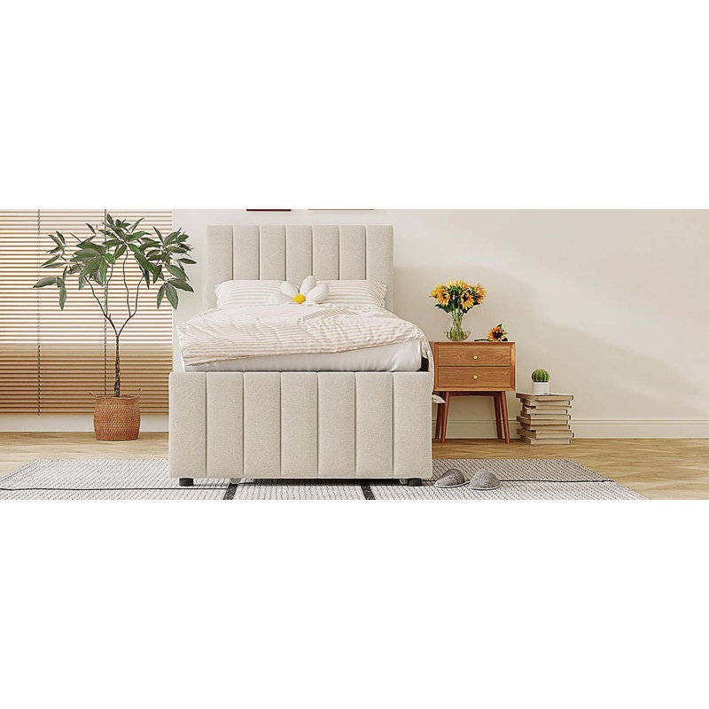 Lit plateforme simple tapissier avec lit gigogne et 3 tiroirs, tissu de lin, beige, Beige