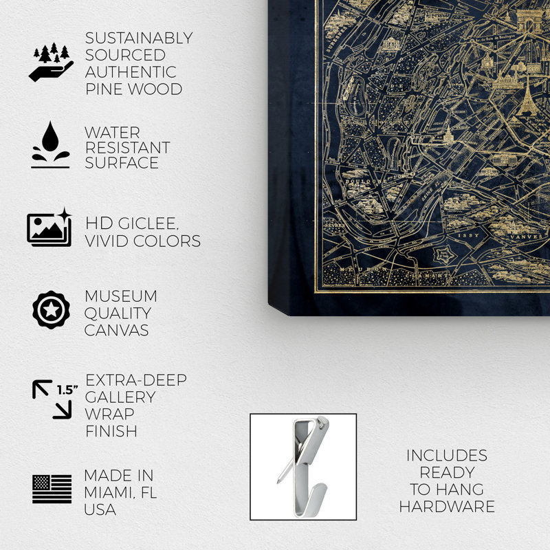 «Marine Gold Paris Map» par Oliver Gal, reproduction d'art graphique sur toile, H 20 po x l 30 po x P 1,5 po