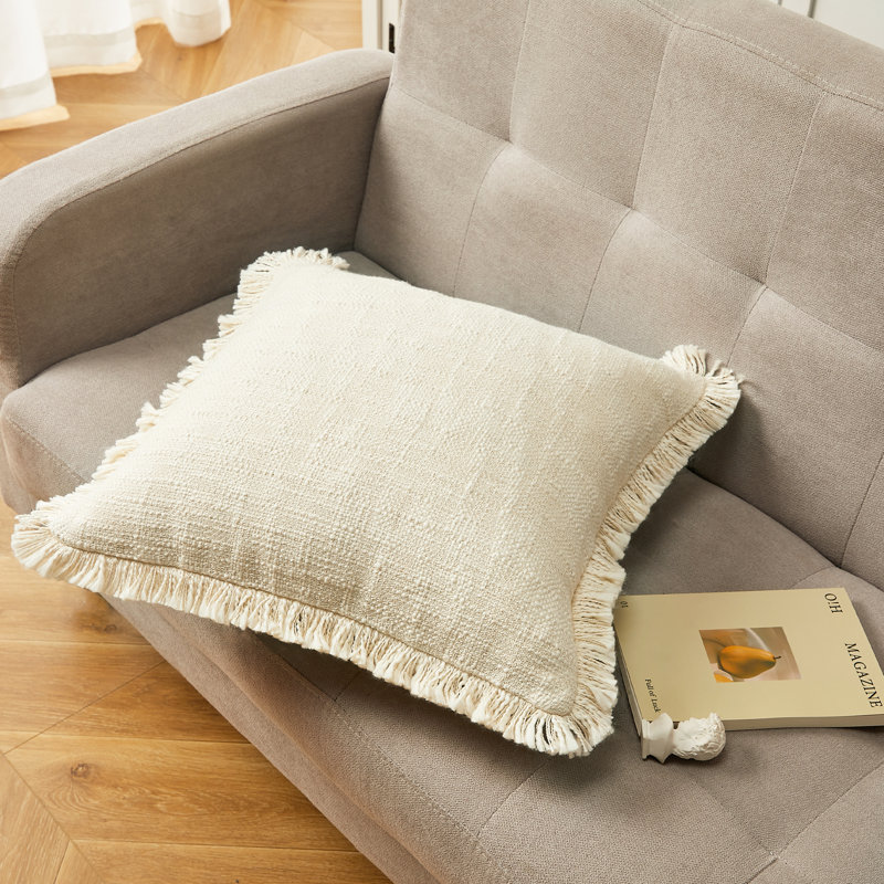 Coussin décoratif 18 x 18 avec pampilles tissées à la main, housse en coton ivoire avec insert pour décor de ferme Boho