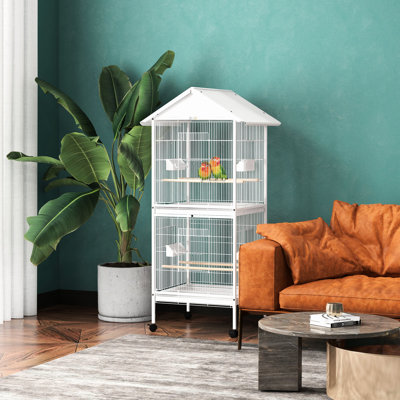 White Wrought Metal Bird Cage, 67" Height - Spacious With Multiple Perches And Doors For Small Birds Cage On Rolling Stand, High, Roomy Food Containers