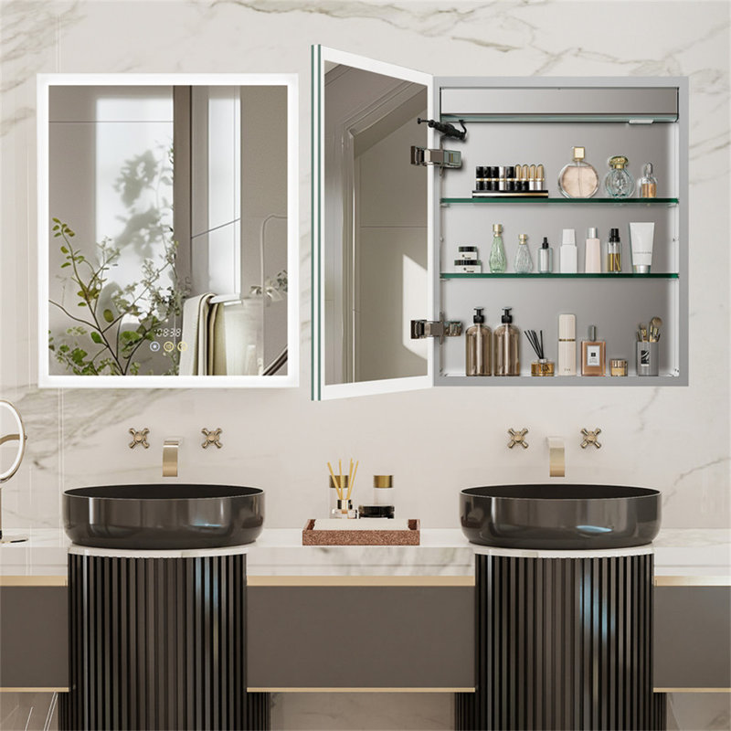 Surface Frameless LED Davaughn Mirror With 2 Adjustable Shelf & Bluetooth Speaker, 60cm H x 50cm W x 13cm D