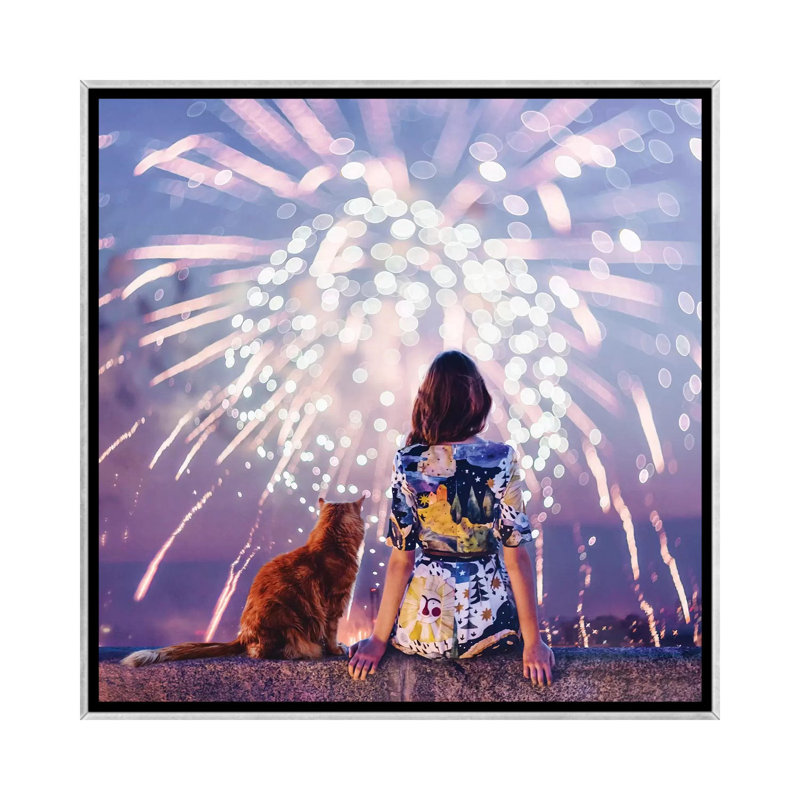 Nuit. Magie. Feux d’artifice de Hobopeeba-impression, H 26 po x l 26 po x P 1,5 po, Pas de tapis, Toile avec cadre argenté