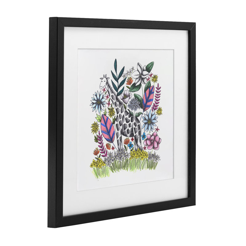 Girafe au milieu des fleurs, reproduction encadrée sous verre, design par Cecilia Battaini, Cadre noir minuit