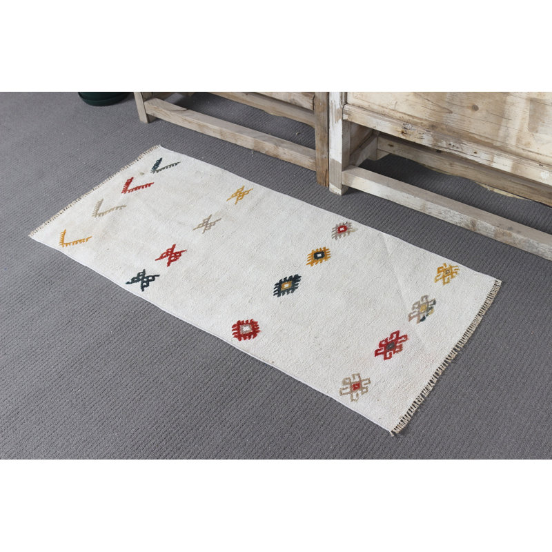 Handwoven Kilim Rug in Flat Weave with Traditional Turkish Patterns on White Canvas for Entryway and Small Spaces