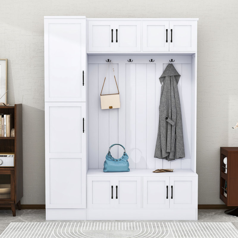 Modern Wooden Hall Tree with Seating Bench, Storage Cabinets, Adjustable Shelf and Metal Hooks, White