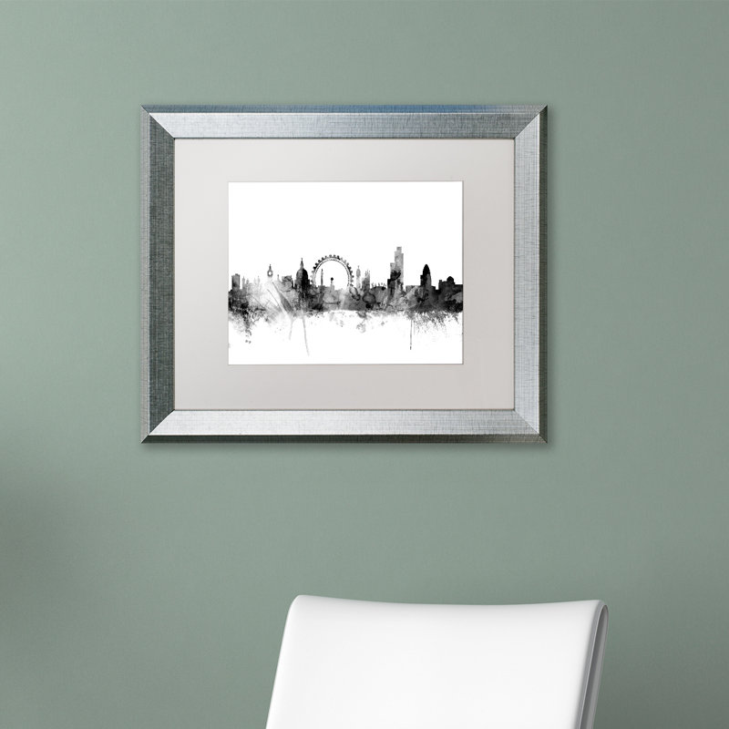 « london england horizon bw », reproduction d’impression sur toile encadrée, H 11 po x l 14 po x P 0,5 po, Cadre argenté