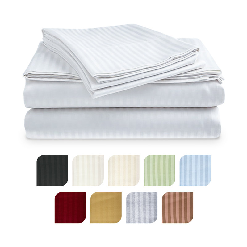 100% Cotton Sateen Striped Sheet Set, White, Queen Sheet Set + 2 Pillowcases