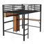 Lit mezzanine double en métal et bois avec bureau en L et tablettes, noir et brun