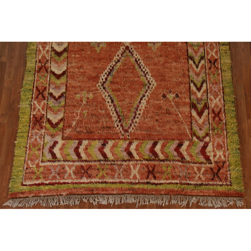Tapis orange / jaune en laine noué à la main de conception unique 6 pi 7 po x 9 pi 7 po New Age