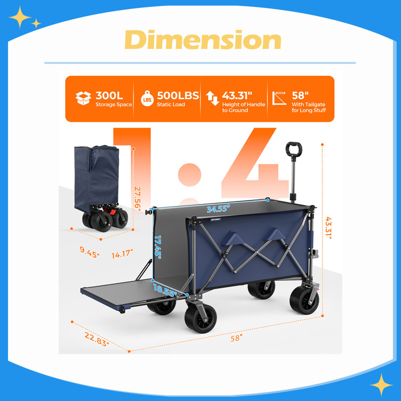 300L Beach Wagon with 58" Expandable Tailgate, 500lbs Heavy Duty Beach Cart with 7" All-Terrain Wheels, Collapsible Folding Wagon with Side Pocket for Outdoor