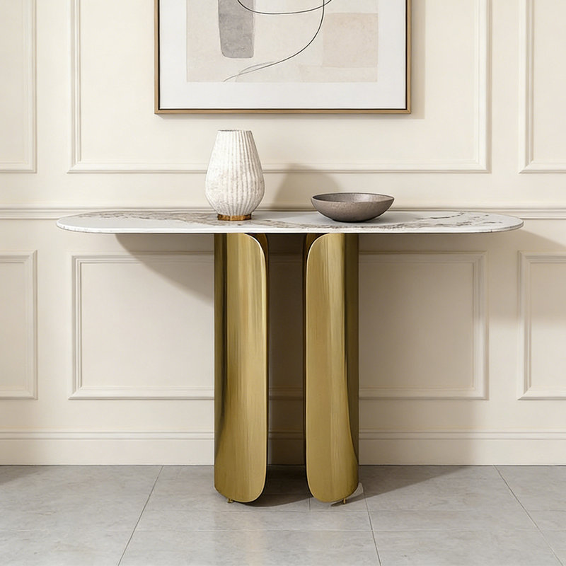 Console décontractée de qualité italienne, 33,46 po H x 55,12 po L x 15,75 po P, Blanc, Doré