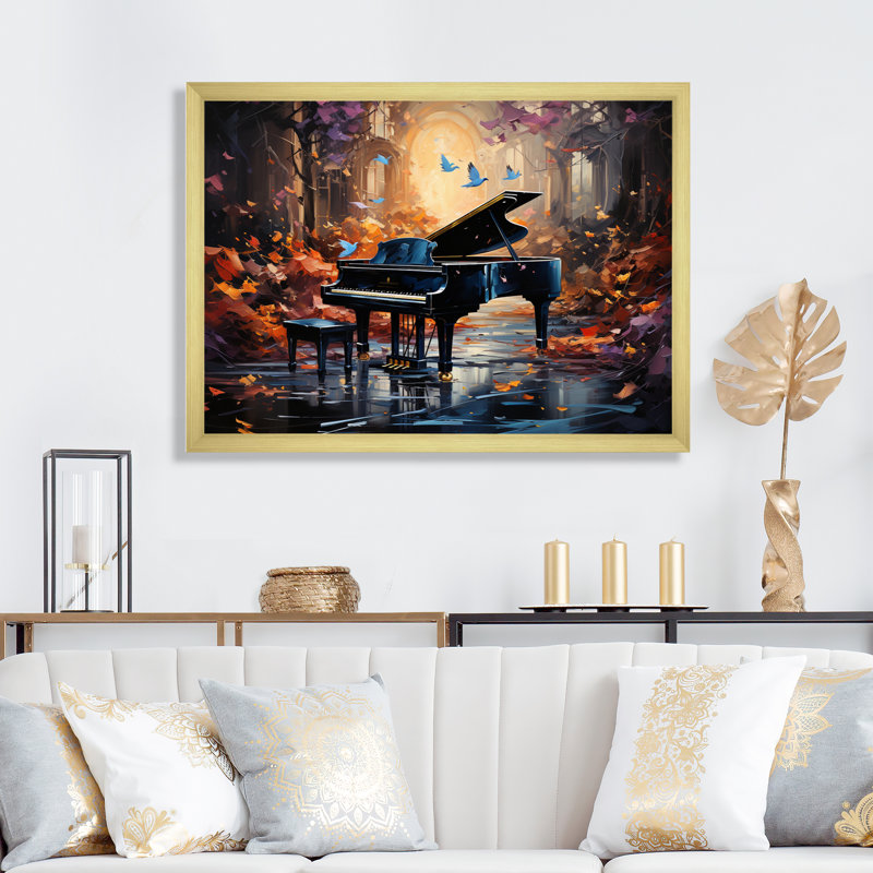 Grand pian en concert dans la forêt sur toile, H 30 po x l 40 po x P 1,5 po, Cadre doré à une seule photo