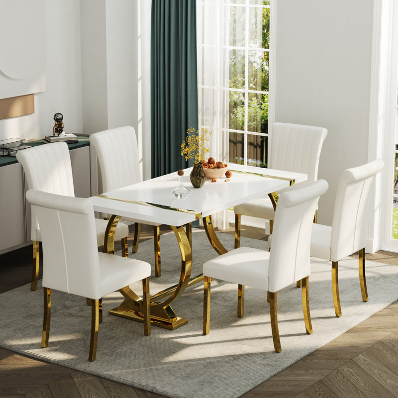 Table de salle à manger de luxe avec base en U, Doré, H 30 po x L 60 po x l 31,5 po