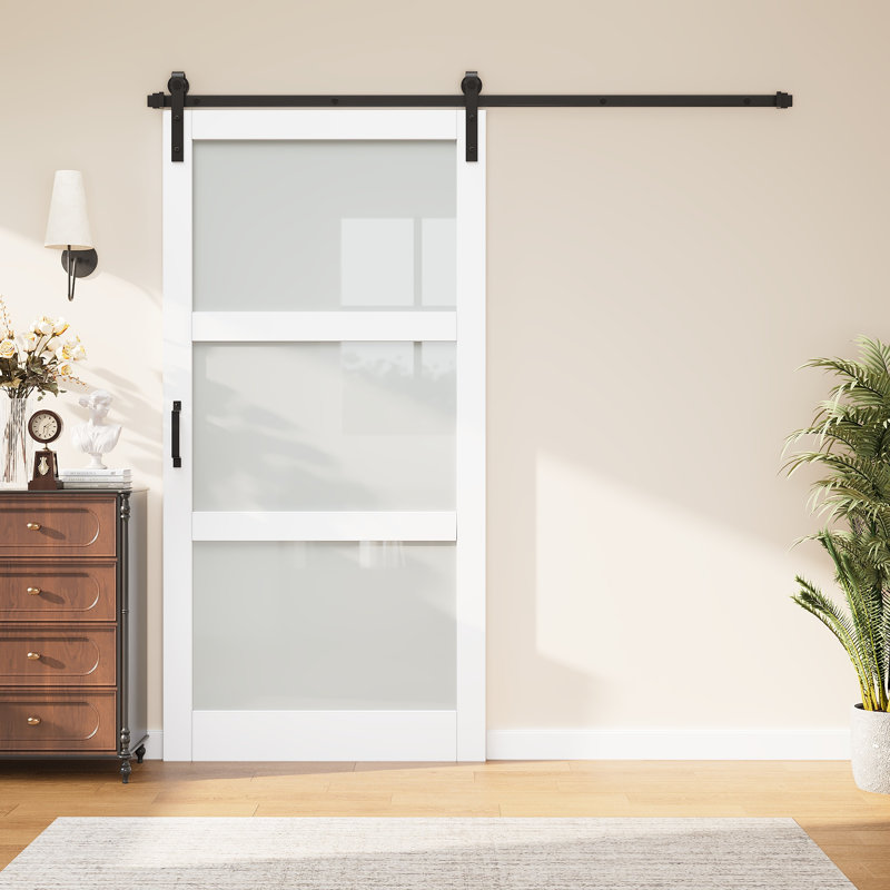 Porte de grange coulissante en verre givré de 84 po de hauteur 84 po - Porte de garde-robe intérieure en MDF et bois massif 3-Lite avec quincaillerie d'installation (avec fermeture en douceur incluse)