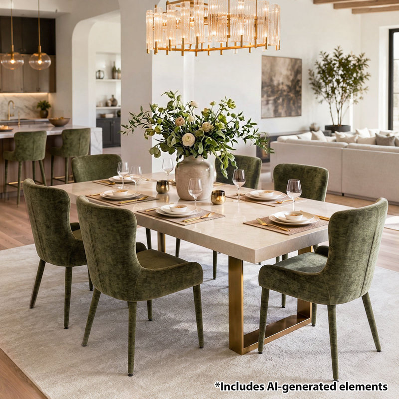 Chaises de salle à manger modernes à haut dossier en chenille avec accoudoirs encastrés, Green