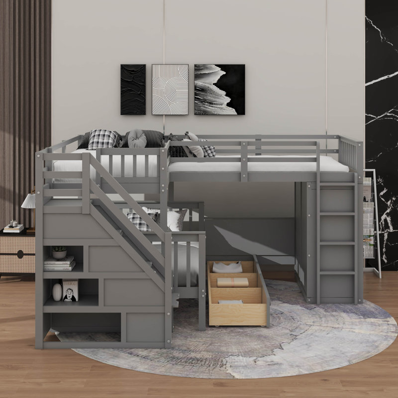 Twin-Twin Over Full L-Shaped Bunk Bed With 3 Drawers, Movable Desk, And Closet, Gray