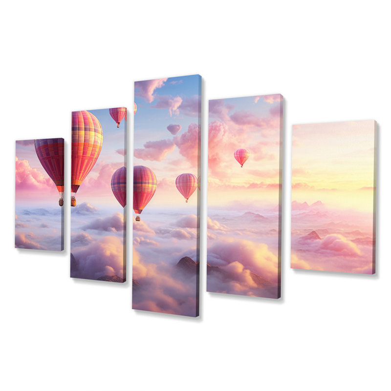 Pink Hot Air Ballon Ethereal I - Transportation Canvas Art Print - 5 Panels
