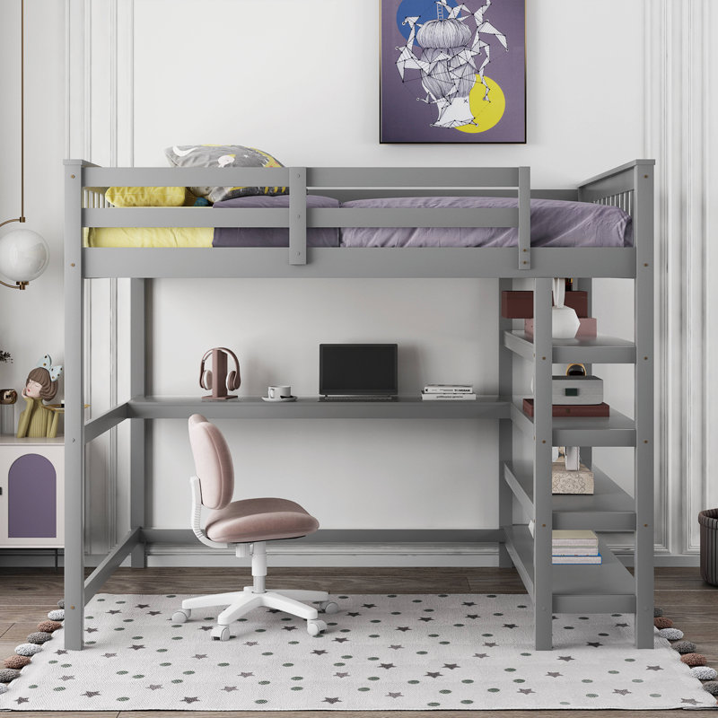 Lit mezzanine en bois massif avec tablettes Gerlean par Harriet Bee, Gris, Double