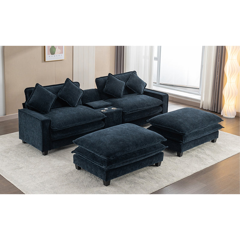 111" Sectional Sofa Chenille Upholstered Sofa With Two Removable Ottoman, Two USB Ports, Two Cup Holders And Large Storage Box For Living Room, Blue
