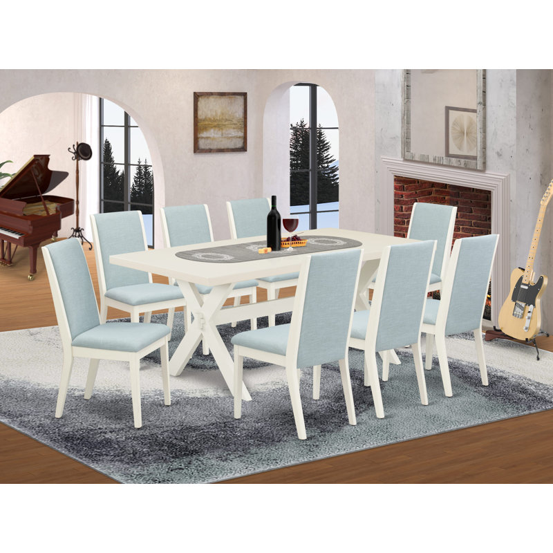 9 Piece Dining Set Includes a Rectangle Dining Room Table with X-Legs and 8 Baby Blue Linen Fabric Upholstered Parson Chairs, Wire brushed Linen White