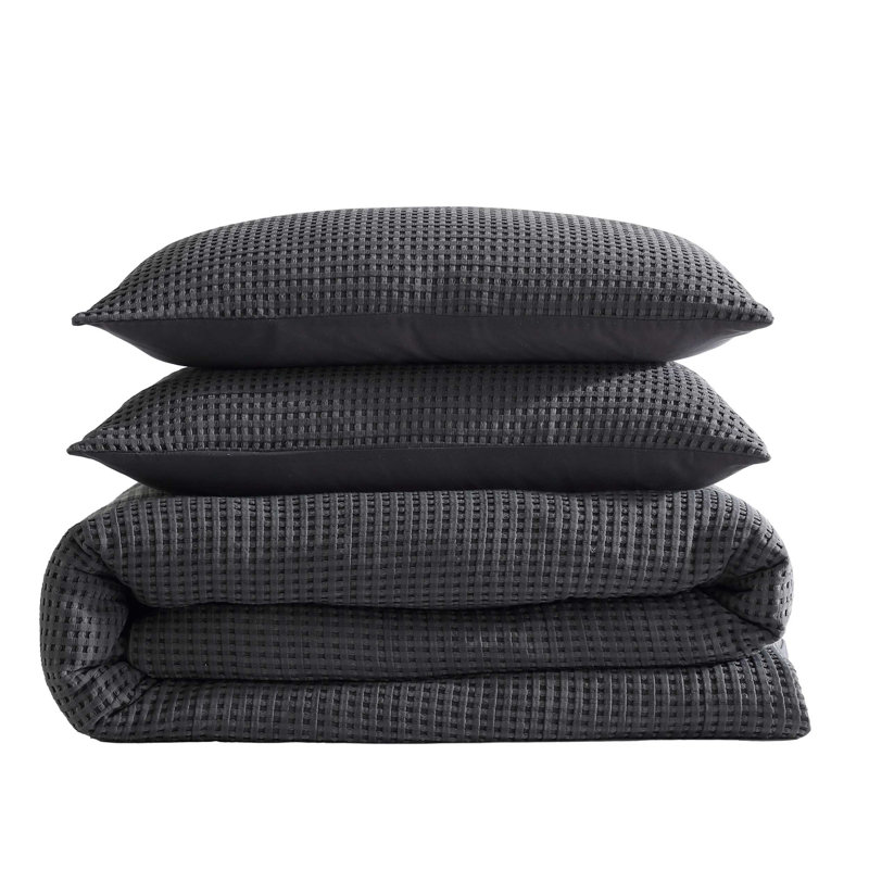 Kenneth Cole Solid Waffle Waffle Duvet Cover Set, Queen Duvet Cover + 2 Standard Shams, Silver
