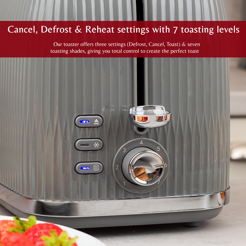 2 Slice Toaster in Glossy Ridged Textured Body and Stainless Steel Mechanism, Grey