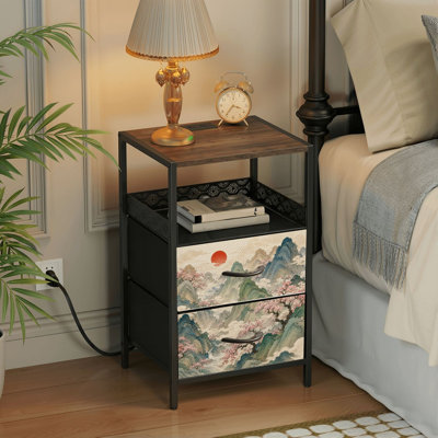 Table de chevet 2 tiroirs avec station de charge, table de chevet pour chambre à coucher avec ports USB, tablette ouverte noire, table de chevet avec paysage de montagne japonais