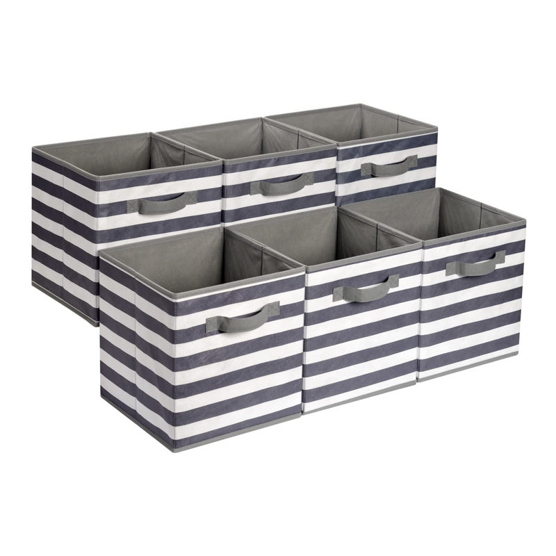 White And Light Grey Stripe Collapsible Storage Cubes - 6 Pack For Easy Organization